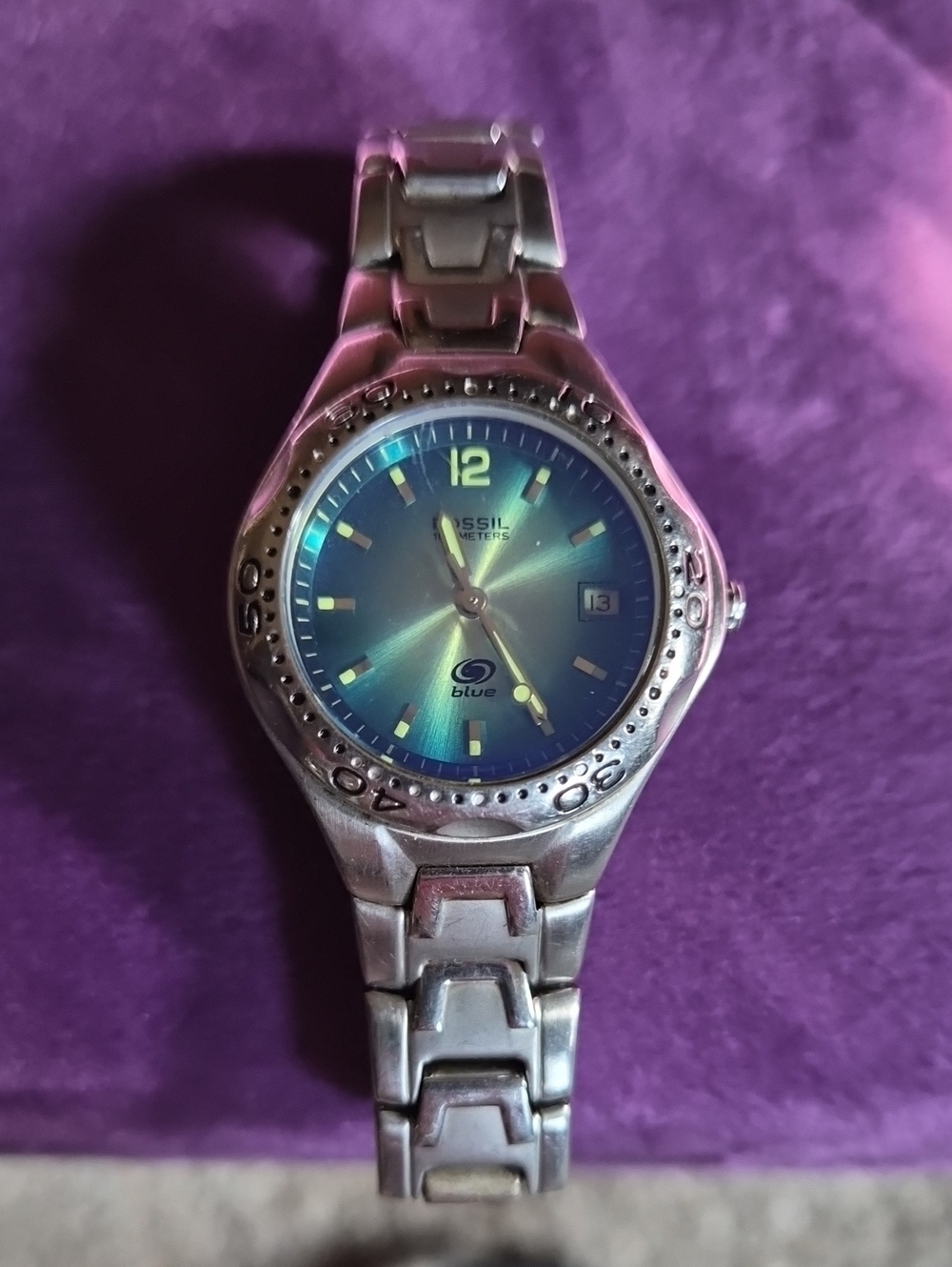 Fossil Silver Bracelet Watch with Blue Sunburst Dial